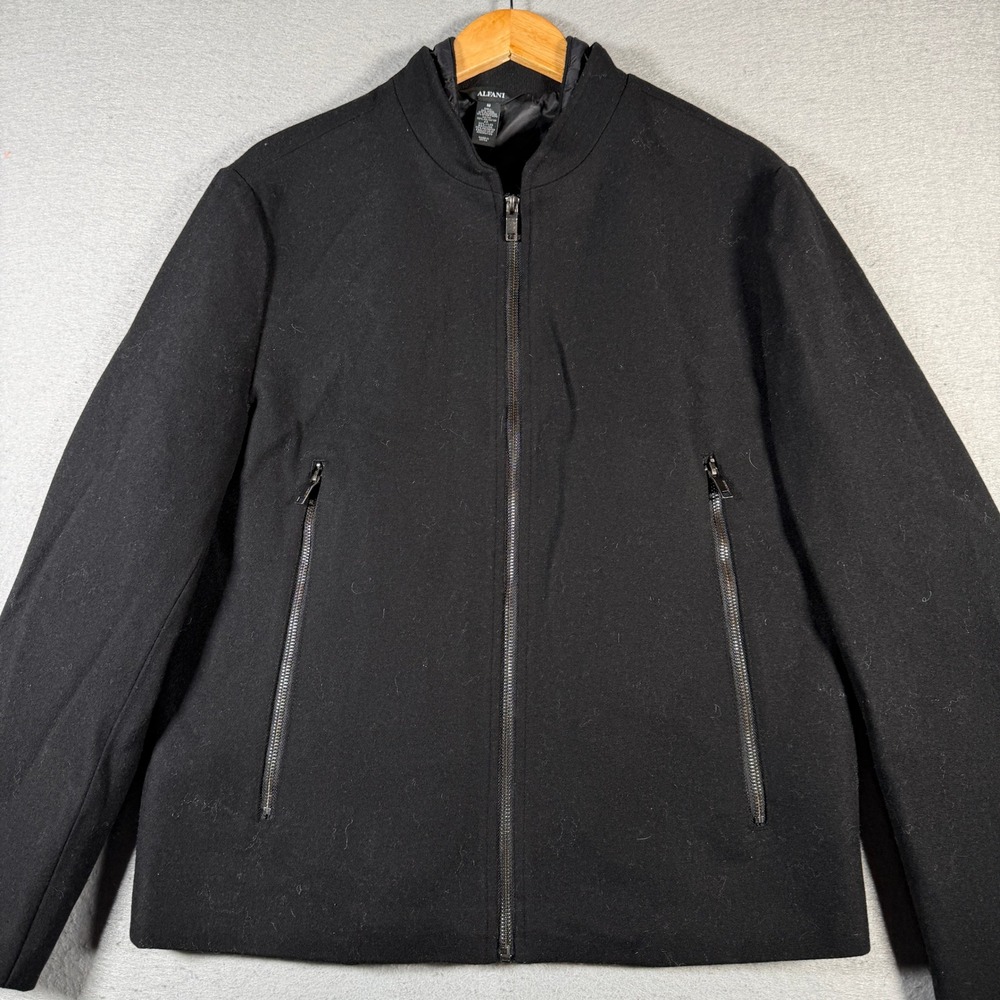 Alfani Mens Black Wool Blend Bomber Jacket Zippered Pockets Size Medium Classic